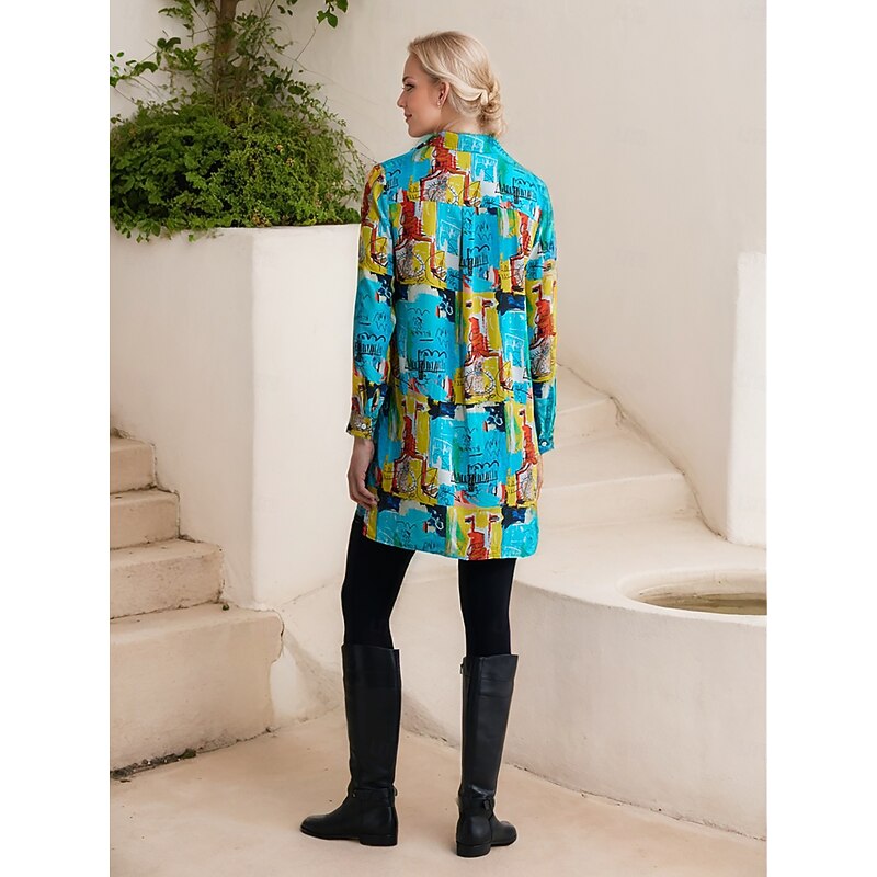 Rayon Graffiti Cuff Lapel Mini Shirt Dress3