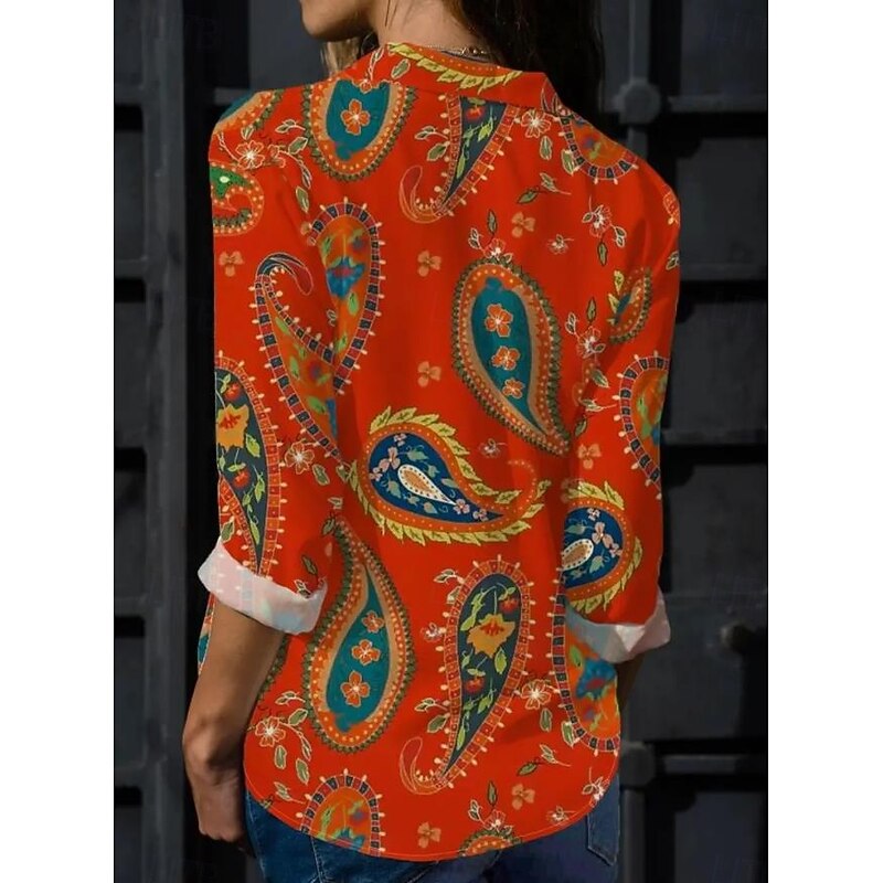 Women's Shirt Button Down Tunic Shirt Collar Long Sleeve Hawaiian Casual Graphic Regular Tops s Print Regular Fit Work Daily Red Holiday Clothes2