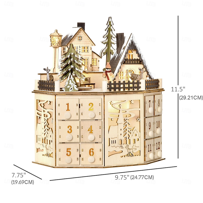 Christmas Wooden Advent Calendar with 24 Storage Drawers LED Wooden Advent Calendar Decoration with Christmas Tree House Reusable Xmas Countdown Calendar DIY for Adults Kids Gifts Holiday Decoration2