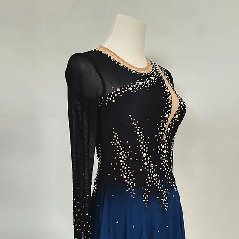 Figure Skating Dress Women's Girls' Ice Skating Dress Blue Black High Elasticity Training Competition Skating Wear Classic Crystal / Rhinestone Long Sleeve Ice Skating Figure Skating2
