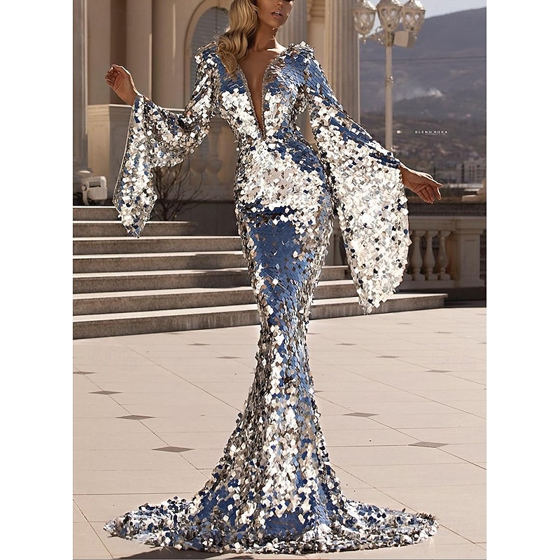 Mermaid / Trumpet Evening Gown Party Dress Wedding Wedding Guest Court Train Long Sleeve V Neck Sequined with Glitter2