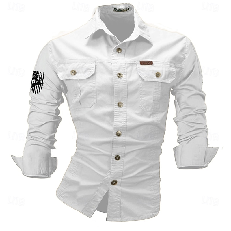Men's Reindeer American US Flag Work Shirt Western Shirt Cargo Shirt Long Sleeve Casual Tactical Sports & Outdoor Going out Hunting Spring Fall Turndown Print Black White Army Green Red Blue3