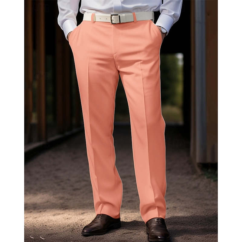 Men's Graduation Dress Pants Trousers Chinos Buttons Pocket Solid Color Comfort Formal Party Work Fashion Classic Style Coral Pink Yellow Micro-elastic4