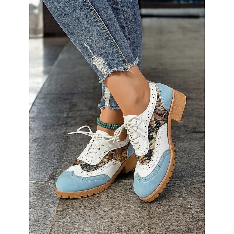 Women's Retro Oxford Shoes - Lace-Up Brogue Style with Floral Prints and Color Block Design for Casual Outfits