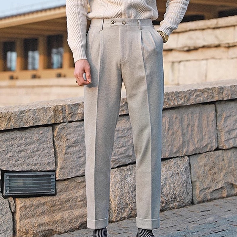 Men's Dress Pants Woolen Pants Trousers Pleated Pants Suit Pants Pocket Plain Comfort Soft Full Length Party Business Daily Elegant Fashion Dark Gray Beige4