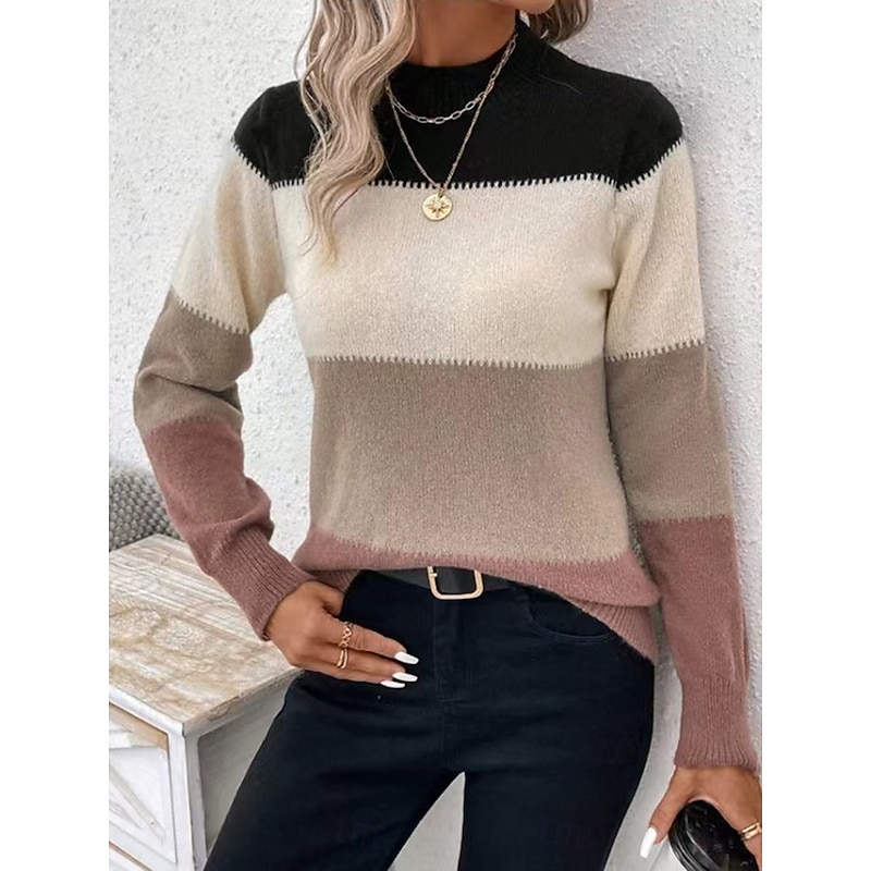 Women's Sweater Fashion Streetwear Daily Color Block Turtleneck Knitted Long Sleeve Regular Tops Knit Daily Weekend Pink Blue Fall Winter3