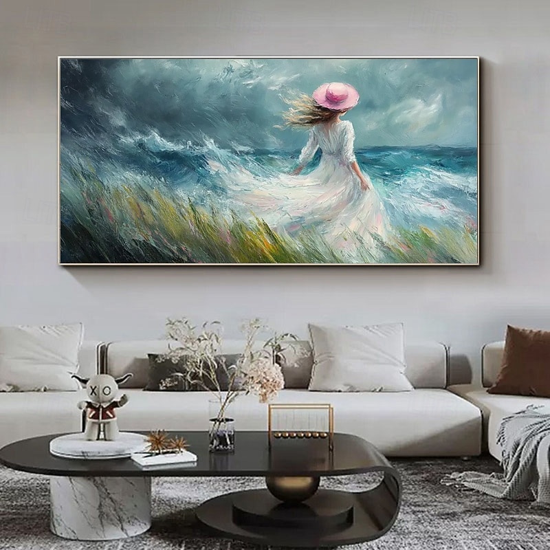 Handpaint Modern Abstract Canvas Painting Lady Wearing White By The Sea Art Beautiful Woman Portrait Paintings Home Decor For Living Room No Frame3