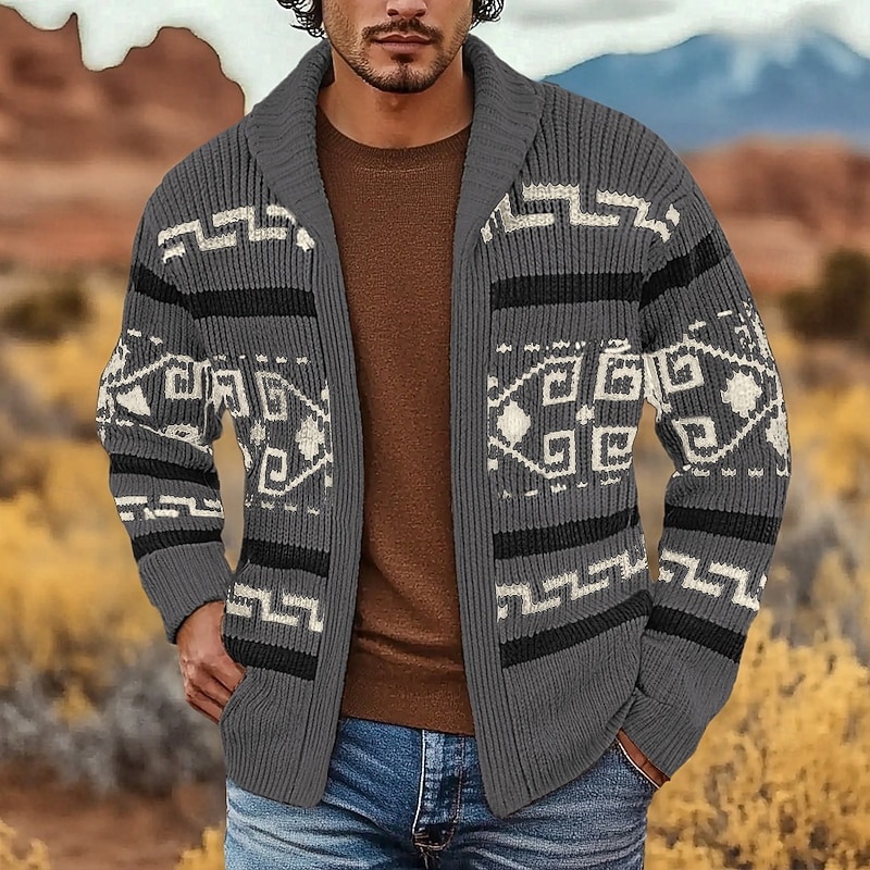 Men's Jacquard Sweater Cardigan Sweater Fair Isle Sweater Zip Sweater Knitted Cardigan Knit Zipper Tribal Rolled collar Fashion Classic Outdoor Vacation Clothing Apparel Drop Shoulder Fall & Winter