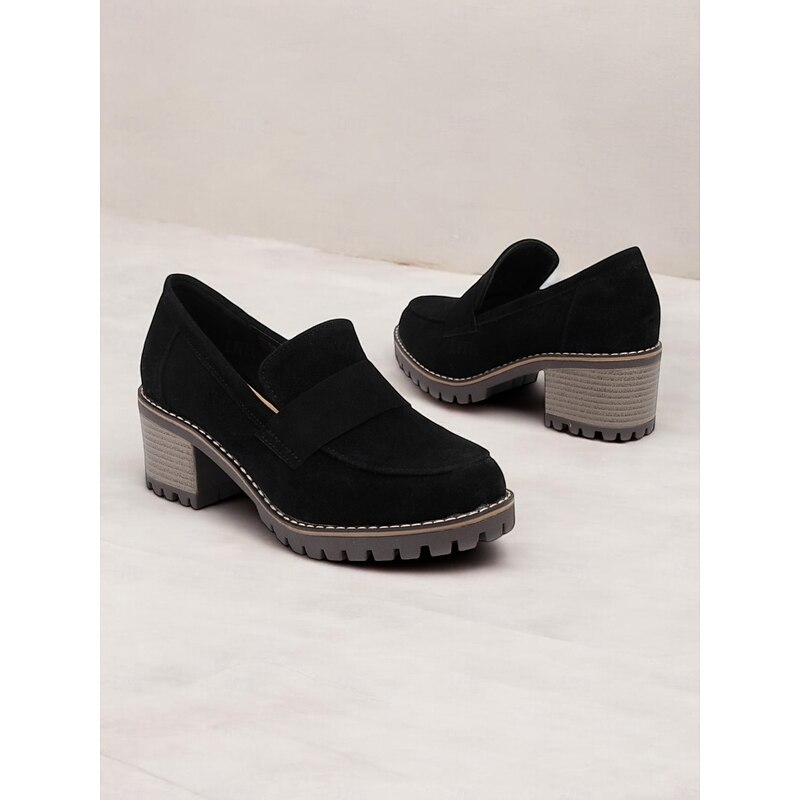 Women's Black Suede Chunky Loafers - Rugged Sole with Block Heel for Casual and Everyday Wear4