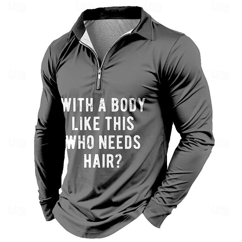 Men's Letter Printed Zip Polo Shirts Golf Shirt Long Sleeve Polo Shirts Collared Shirts Vintage Casual Outdoor Street Dailywear 3D Print Quarter Zip Polo Spring Fall & Winter Black Red Green3