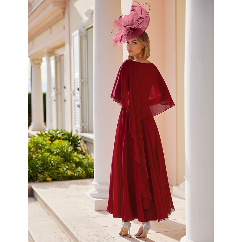 A-Line Dress Mother of the Bride Dress Elegant Bateau Neck Ankle Length Stretch Chiffon Short Sleeve with Lace Tier Solid Color Race Day Dress4