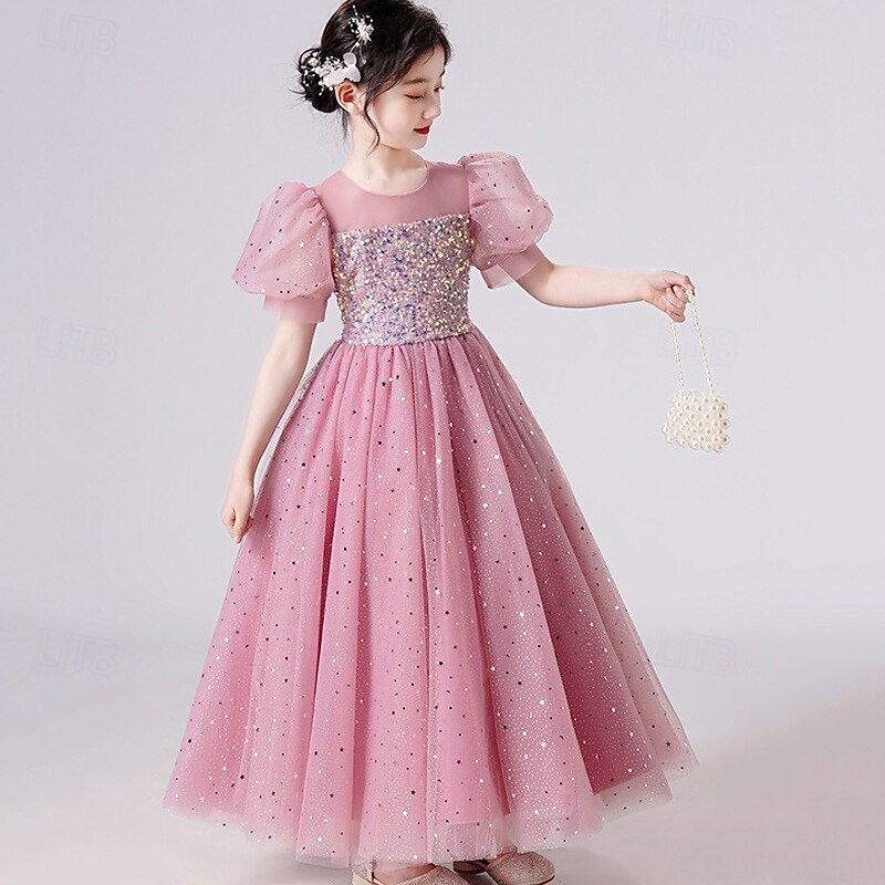 Flower Girl Dress Kid's Girls' Princess Dress Performance Wedding Party Elegant Beautiful Mesh Solid Color Short Sleeve Crew Neck White Pink 4 years+3
