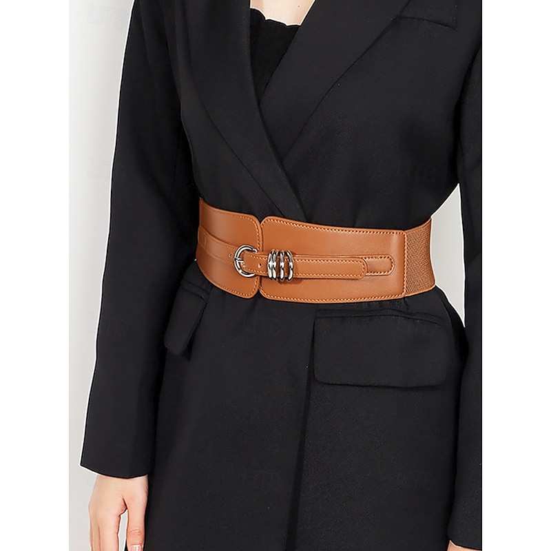 Women's Wide Brown Faux Leather Belt with Dual Buckles – Stylish Adjustable Waist Cincher for Dresses and Coats3