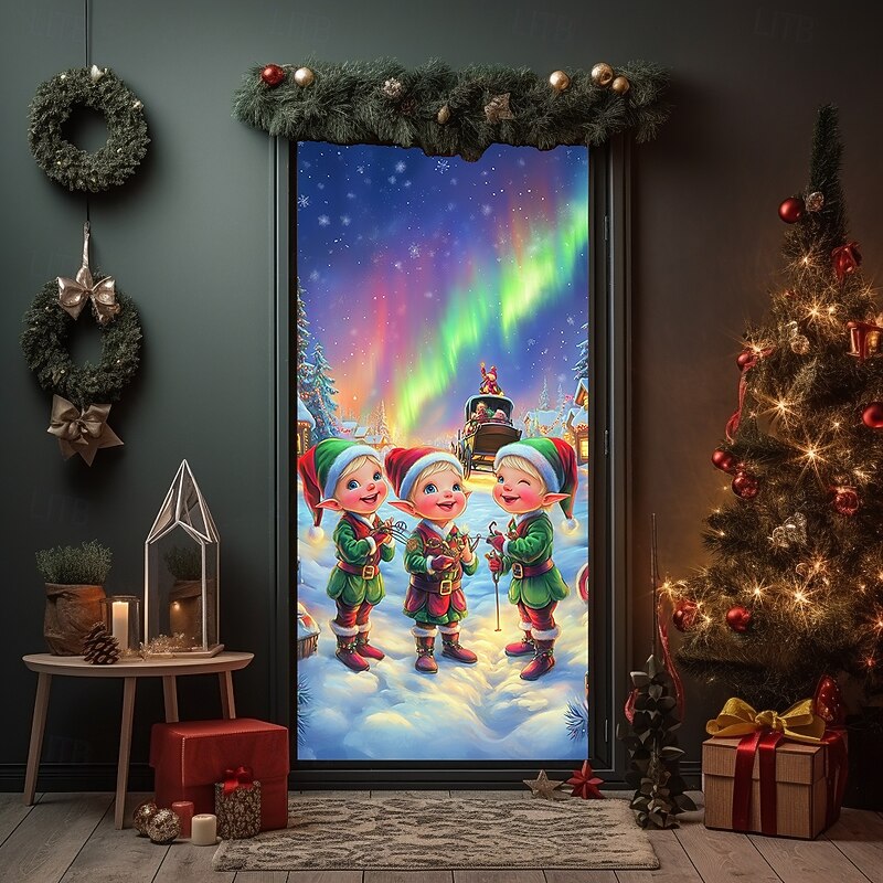 Christmas Door Decorations Door Covers Xmas Joyful Elf Door Tapestry Door Curtain Decoration Backdrop Indoor/Outdoor Door Banner for Front Door Farmhouse Holiday Party Decor Supplies4