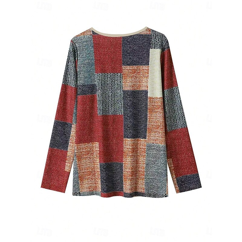 Women's T Shirt Color Block Fashion Modern Casual Long Sleeve V Neck Regular Tops Daily Weekend Patchwork Print Orange Fall Winter2