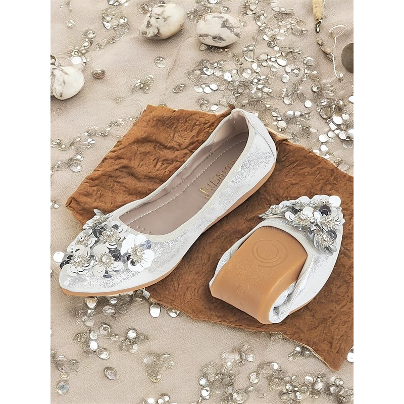 Women's Floral Embellished Foldable Flats – Comfortable Sequin Decor Ballet Shoes for Wedding and Special Events