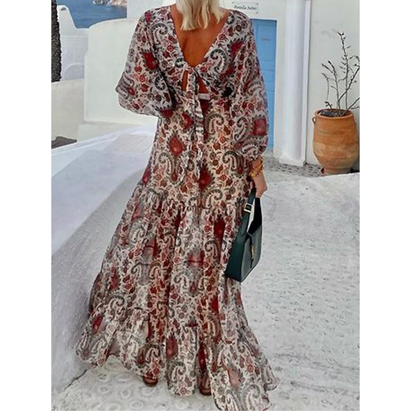 Women's Paisley V Neck Maxi Dress Long Sleeve Summer Spring2