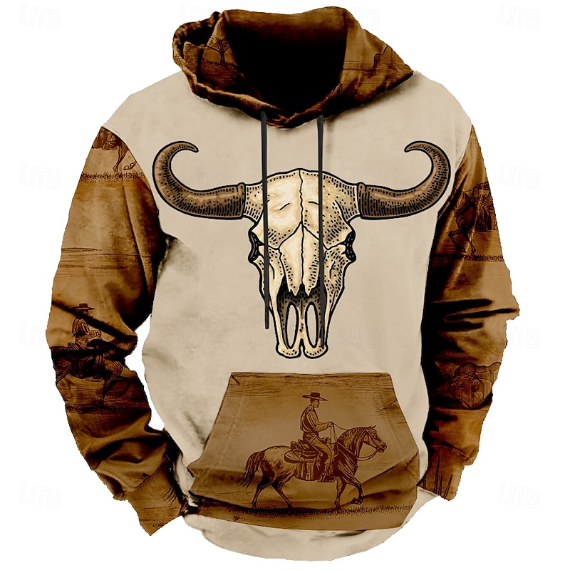 Men's Cattle Skulls Hoodies Sweatshirt Fashion Daily Long Sleeve Crew Neck Holiday Going out Streetwear Brown Drawstring Fall Winter Designer