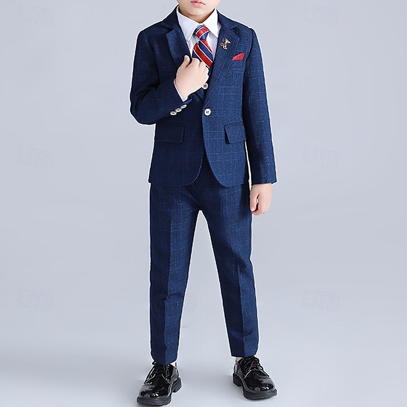 4 Pieces Ring Bearer Suit Boys Kids Suit Formal Suit Blazer & Vest & Pants & Brooch & Tie Formal Party Valentines Fashion Cool Plaid Pocket Blue Purple Polyester2