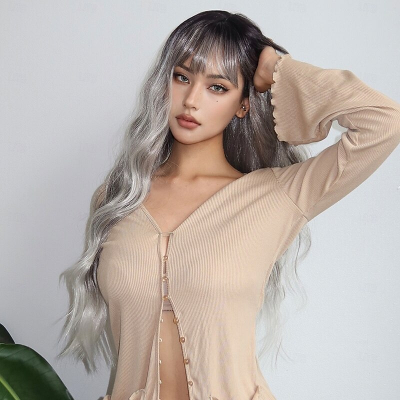 Synthetic Wig Wavy Bouncy Curl Middle Part Neat Bang Wig 28 inch Silver grey Synthetic Hair Women's Middle Part Cool Adorable Gray4