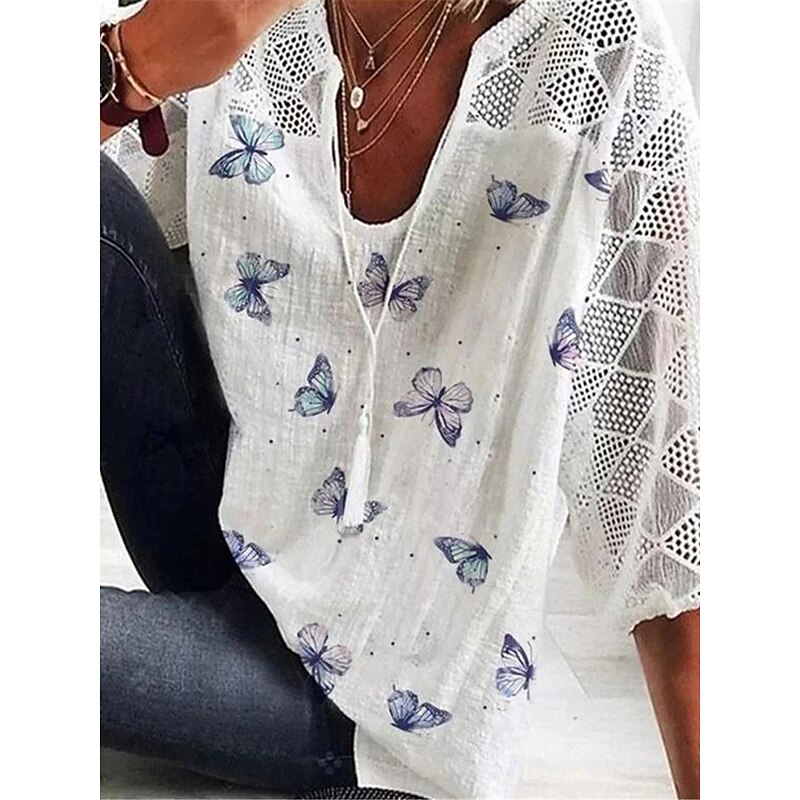 Women's Shirt Blouse Butterfly Daily Basic 3/4 Length Sleeve V Neck Regular Tops Daily Patchwork Print White Yellow Blue Summer Spring