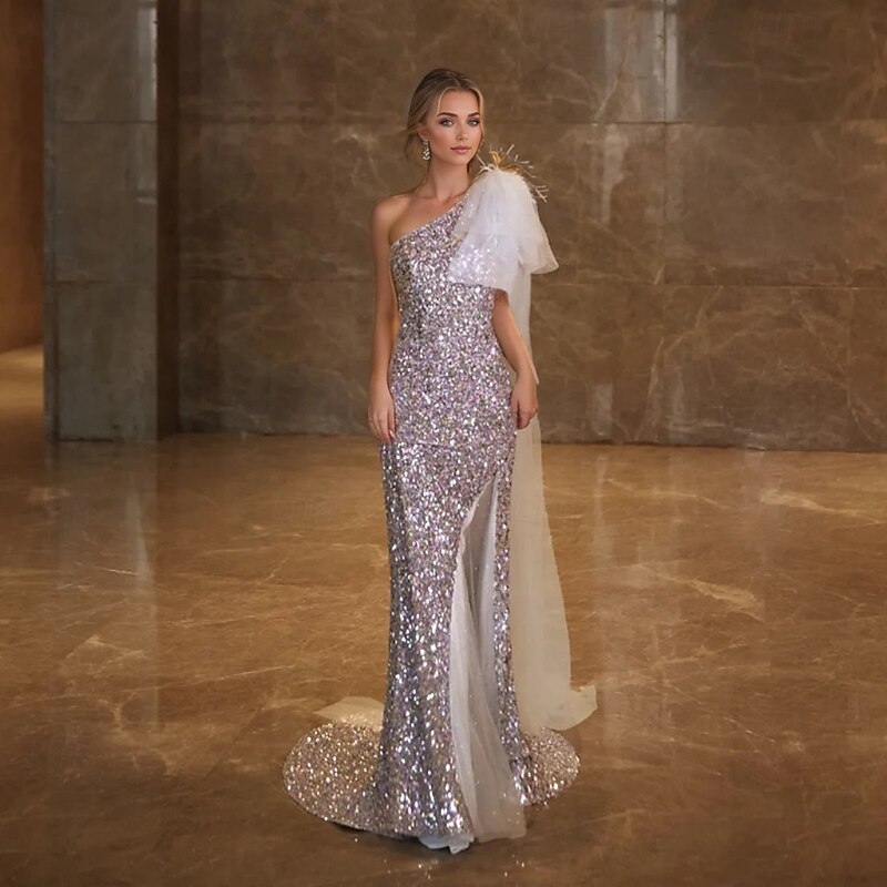 Mermaid / Trumpet Prom Dresses Elegant Dress Formal Wedding Sweep / Brush Train Sleeveless One Shoulder Tulle with Feather Glitter4
