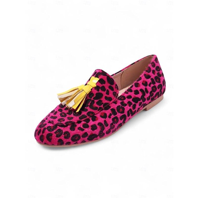 Women's Pink Leopard Print Loafers with Yellow Tassel – Bold and Stylish Slip-On Shoes for a Trendy Statement Look2