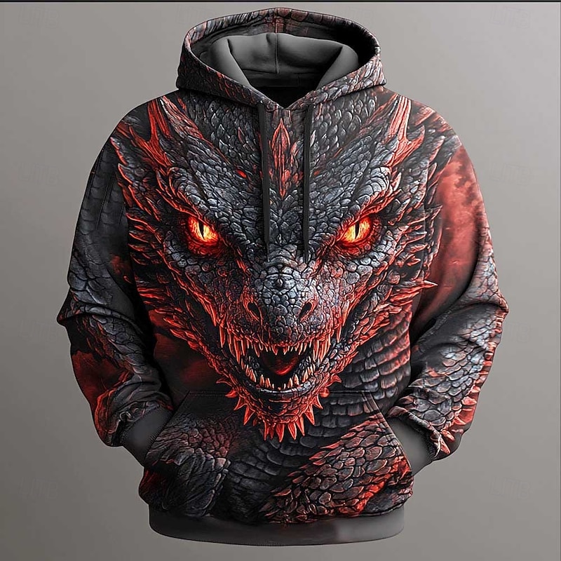 Men's Dragon Hoodies Sweatshirt Fashion Cool Long Sleeve Crew Neck Party Holiday Streetwear Black Blue Drawstring Fall Winter Designer