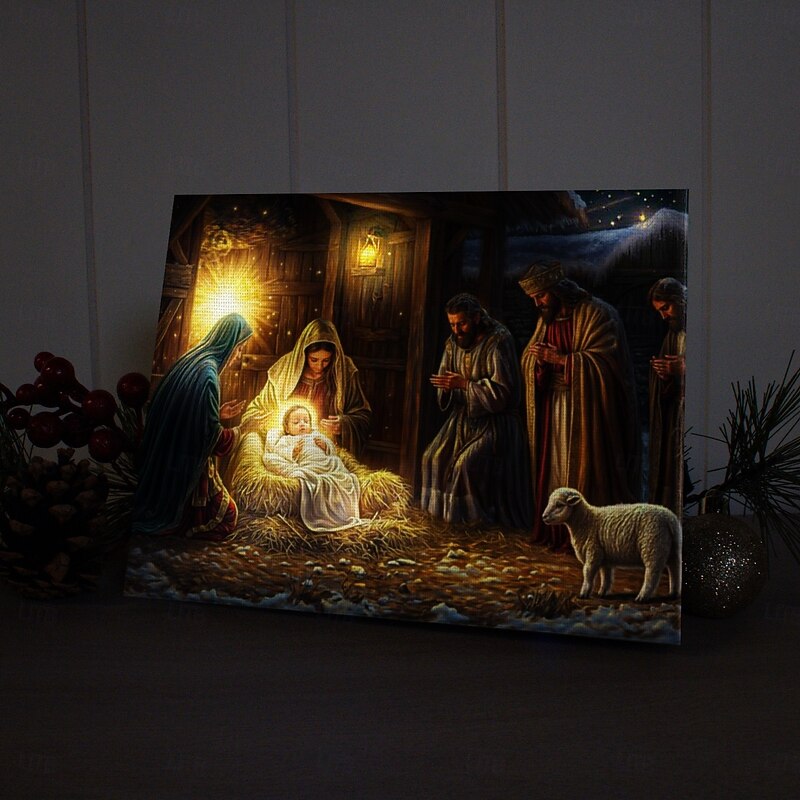 Christmas Nativity Scene LED Canvas Wall Art LED Lighted Up Wall Decor 2AA Battery Operated Lighted Canvas Print LED Light Kitchen Bedroom or Home Decor2