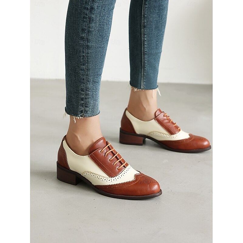 Women's Tri-Color Brogue Oxford Shoes with Wingtip Design and Low Heel - Vintage Formal Footwear for Office and Special Occasions 13