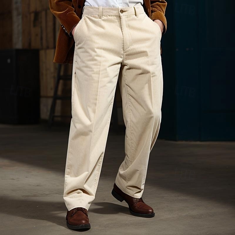 Men's Dress Pants Corduroy Pants Trousers Buttons Straight Leg Plain Comfort Soft Full Length Formal Office Casual Stylish Simple Loose Fit Black White High Waist Micro-elastic