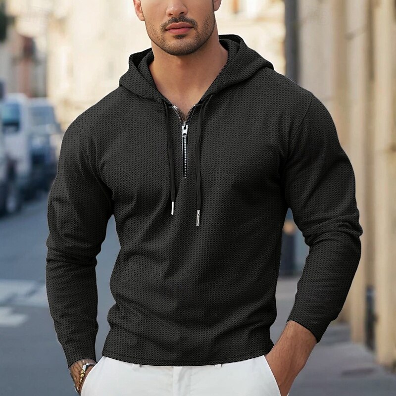 Men's Waffle Tee T Shirt Zip Up Hoodies Long Sleeve Hoodie Spring Fall Spring &  Fall Solid Color Knitwear Daily Color-Blocking Outdoor Causal Casual Black White Light Gray Top Tee for Men2