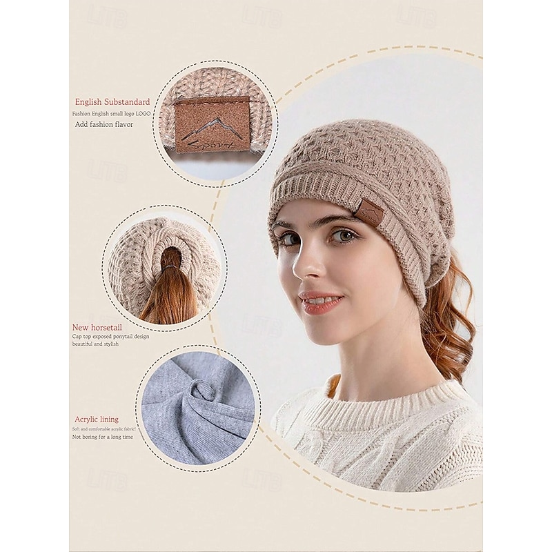 Women's Knitted Ponytail Beanie – Cozy Winter Hat with Hole for Ponytail, Soft and Stretchy Design for Cold Weather4