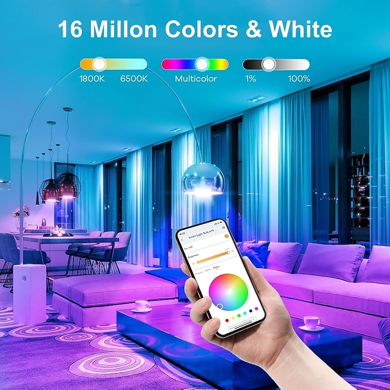 E26/E27 RGB LED Smart Light Bulbs – 10W Color Changing, WiFi Dimmable, Works with Alexa & Google 4pcs4