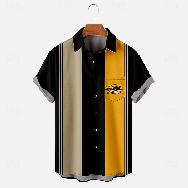 Men's Vintage Bowling Shirt Button Up Shirt Short Sleeve Vintage Fashion Casual Outdoor Vacation Daily Summer Turndown Button Up 3D Print Black