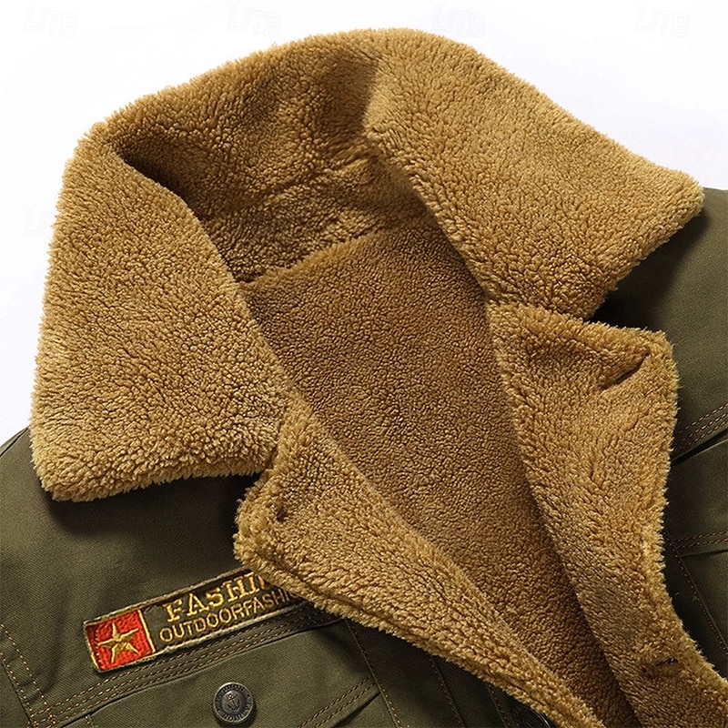 Men's Embroidered Fleece Jacket Cargo Jacket merican US Flag Print Turndown Collar Long Sleeve Military Tactical Jacket Vintage Thermal Warm Winter Outwear Multiple Pockets Button Front Cotton Coat3