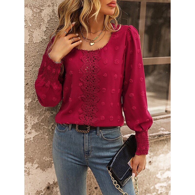 Women's Elegant Lace Tops Eyelet Blouse Casual Solid Color Regular Tops Long Sleeve Crew Neck Lace Patchwork Regular Fit Daily Romantic Petite Tops Summer Holiday Wear Red4