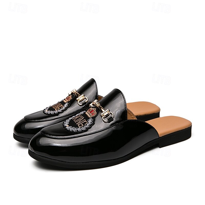 Men's Embroidered Patent Leather Loafers, Slip-On Backless Mules with Crown Emblem and Metal Buckle Detail, Perfect for Elegant and Casual Occasions2