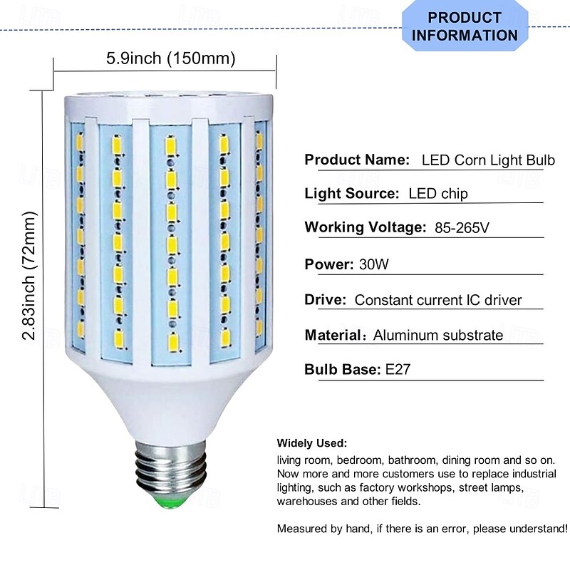 E27 30W LED Corn Light Bulb 85V-265V, 200W Equivalent for Home, Warehouse & Garden Lighting2