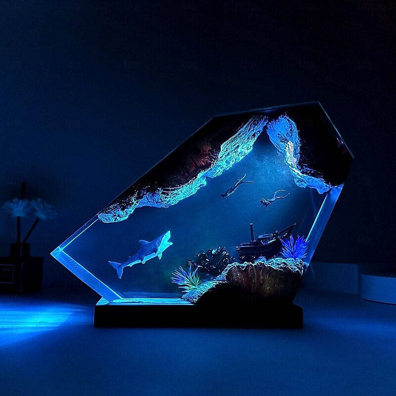 Handmade Ocean Resin Night Light, Great White Shark and Couple Diver Night Light, USB Wooden Table Lamp for Home & Office Decor, Unique Art Ornament & Christmas Gift4