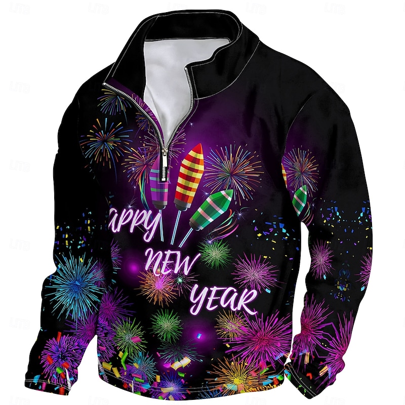 New Year Men's Graphic Happy New Year Hoodies Daily Casual Long Sleeve Stand Collar Vacation Going out Streetwear Black Print Spring &  Fall Designer3