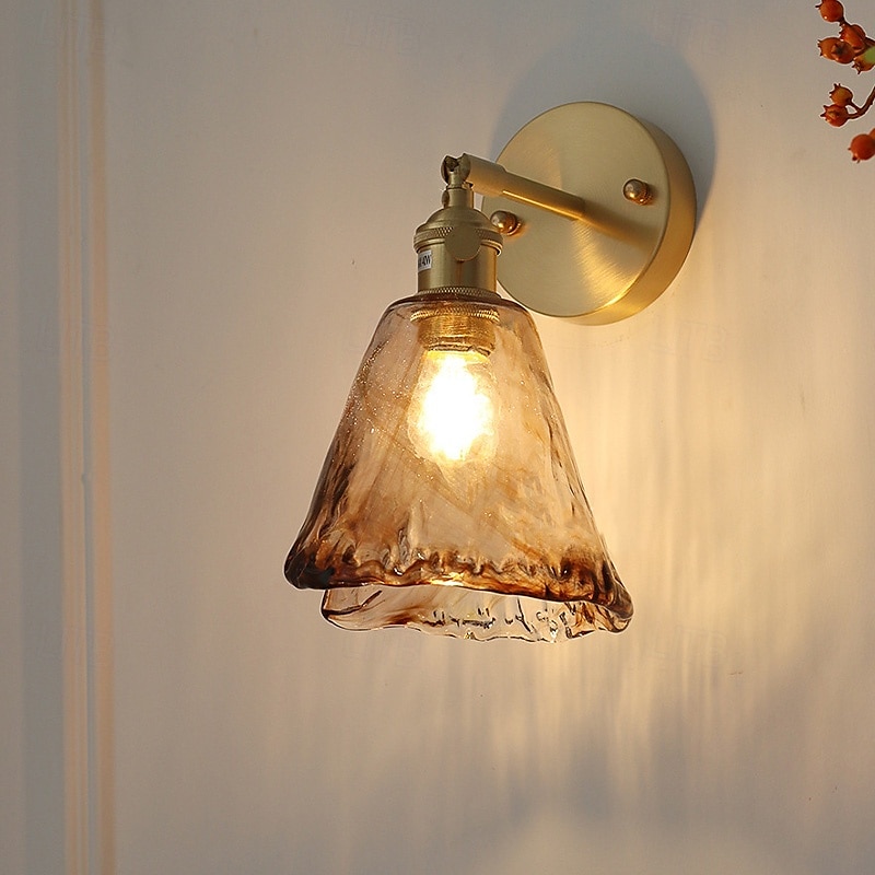 Modern Brass Wall Light Minimalist Sconces with Tea Color Glass Shade Wall Lamps with 90° Up and Down Adjustment 110-240V