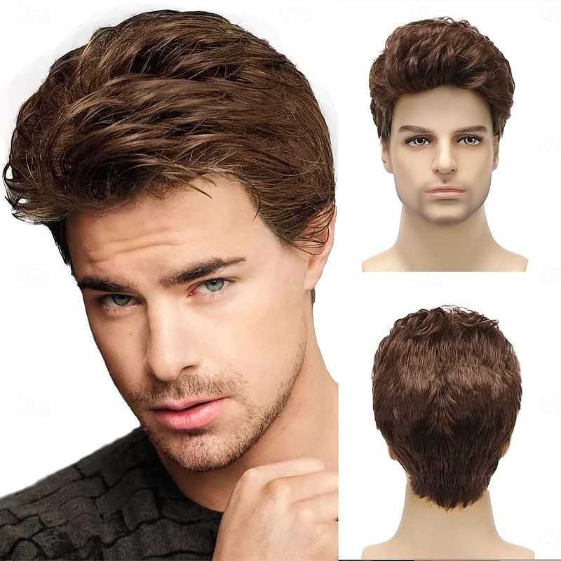 Mens Short Wig Handsome Male Wig Short Hair Guy Layered Daily or Halloween Cosplay Party Costume Wig2