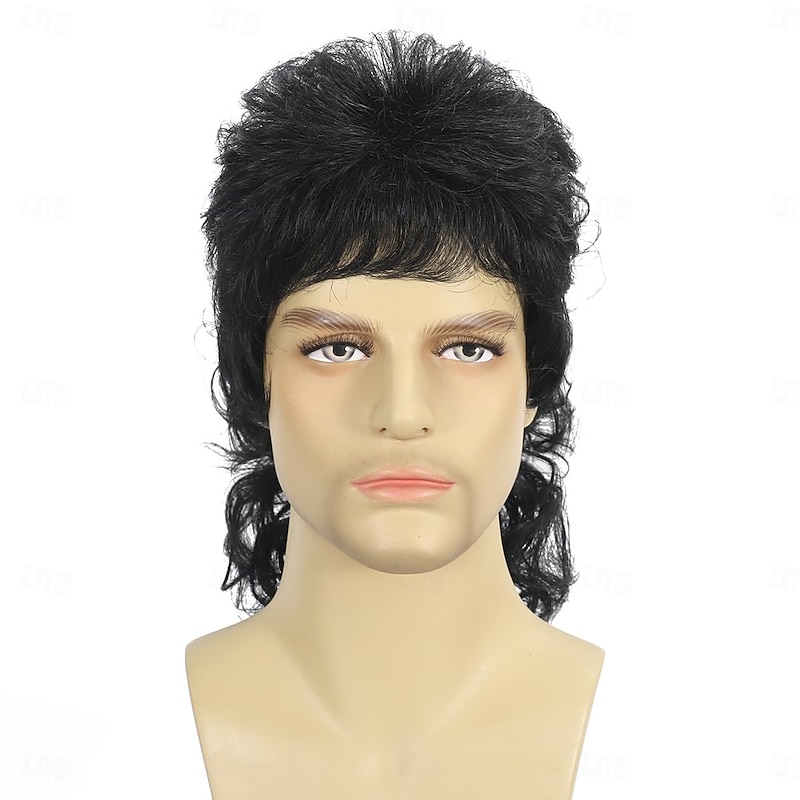 Mullet Wig Black Men Wigs 80s Curly Male Wig Halloween Costumes Punk Rocker Wig Long2