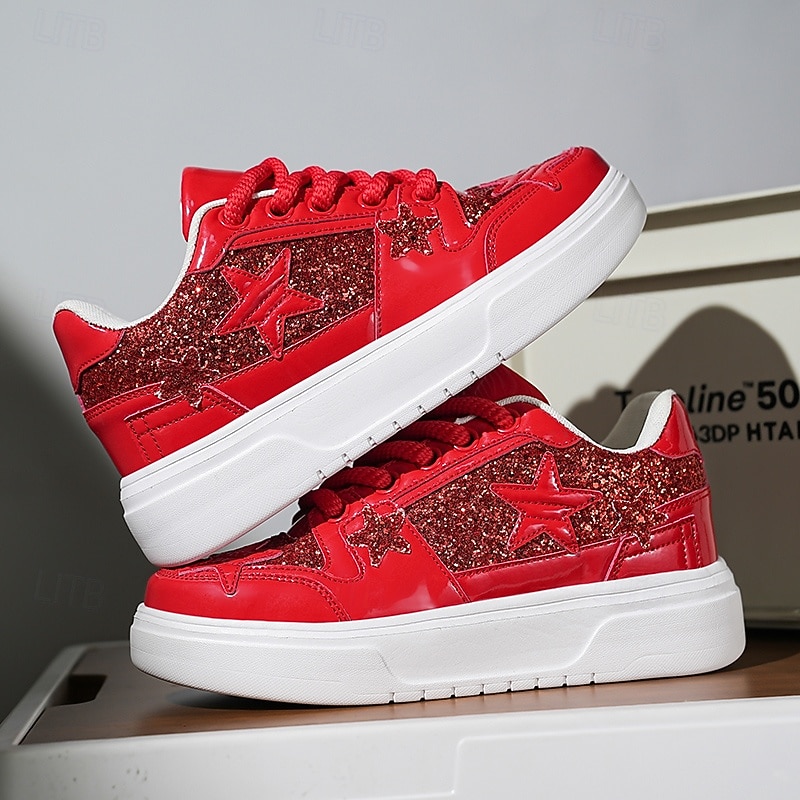 Women's Red Glitter Star Sneakers - Stylish Patent Faux Leather Design with Comfortable White Sole for Casual and Party Wear3
