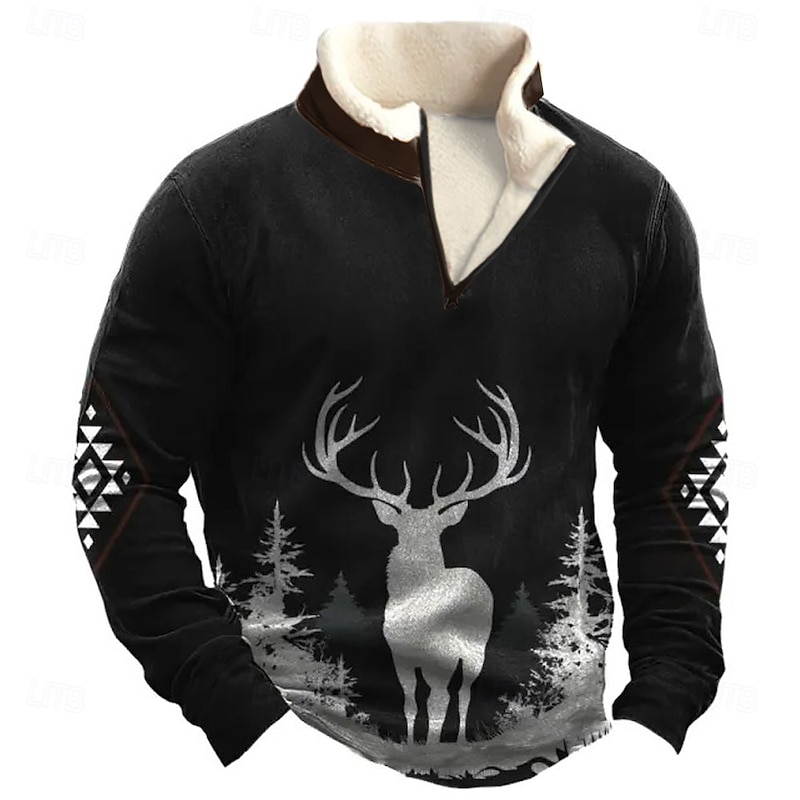 Christmas Men's Deer Sweatshirt Quarter Zip Sweatshirt Long Sleeve Sweatshirt Stand Collar Quarter Zip Casual 3D Print Vacation Going out Streetwear Half Zip Fall Winter