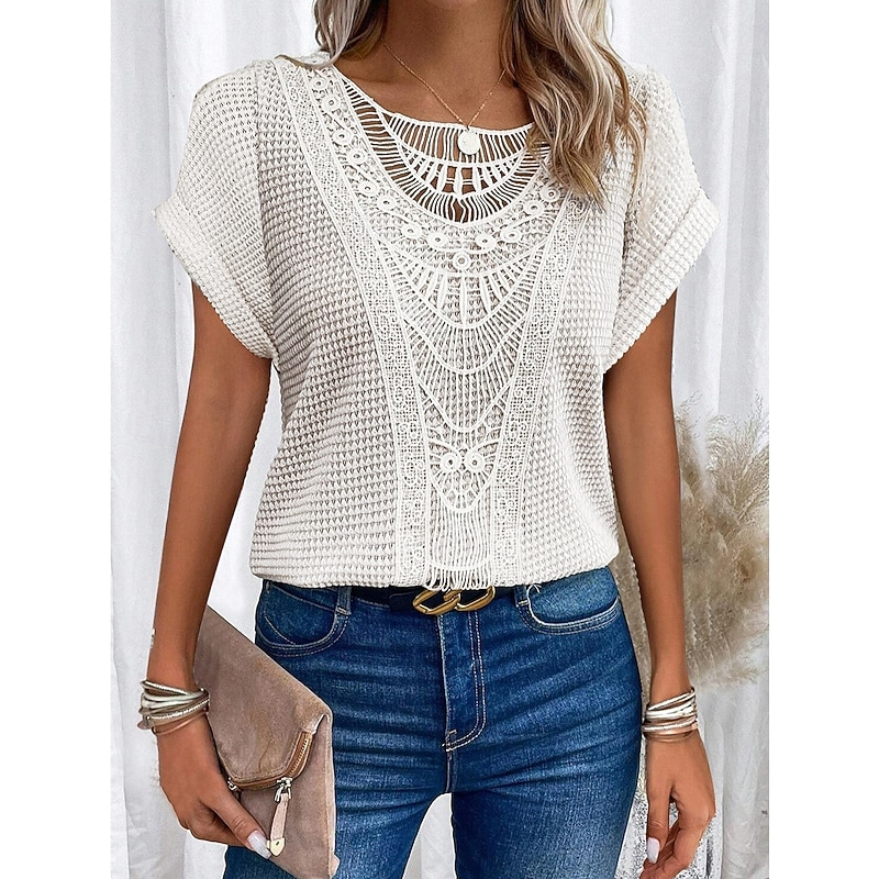 Women's T Shirt Solid Color Elegant Stylish Short Sleeve Crew Neck Daily Beach Hollow Out Pink Blue Beige Summer