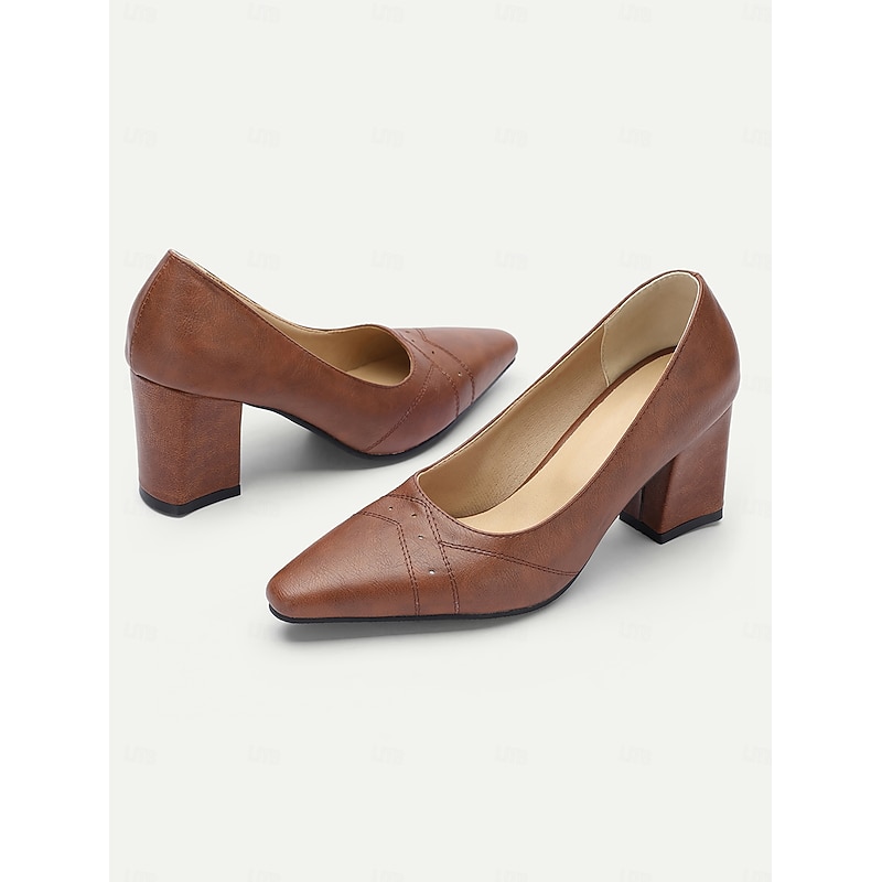 Women's Brown Block Heel Pumps – Retro Pointed-Toe Formal Shoes with Elegant Stitch Detailing for Office and Party Wear3