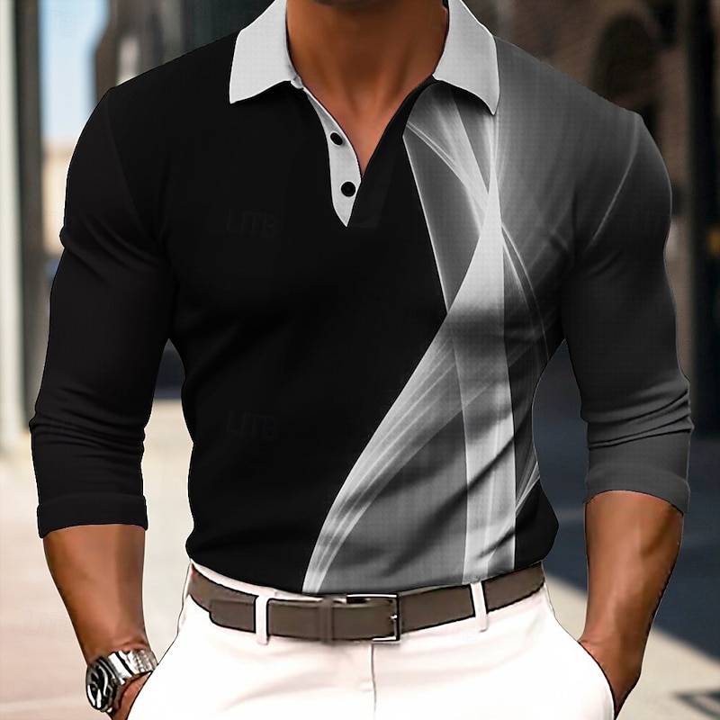 Men's Striped Waffle Polo Shirts Long Sleeve Polo Shirts Collar Business Casual Formal Outdoor Dailywear Buttons 3D Print Spring Fall Winter Black