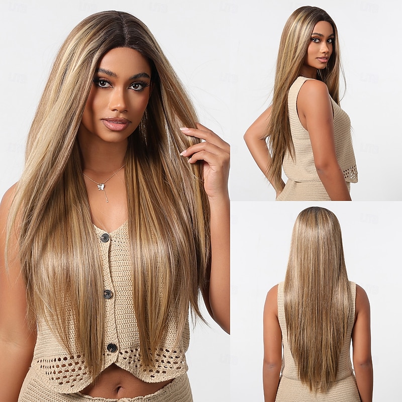 Synthetic Lace Wig Straight Style 28 inch Brown Middle Part 13x6 Lace Front Wig Women's Wig Light Brown